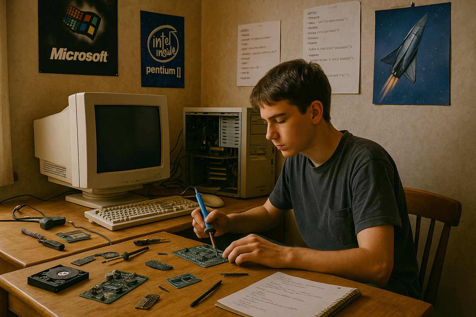 Nastolatek lutujący płytkę drukowaną przy biurku Nastolatek lutujący płytkę drukowaną przy biurku, obok stary komputer z monitorem CRT – początki kariery w IT