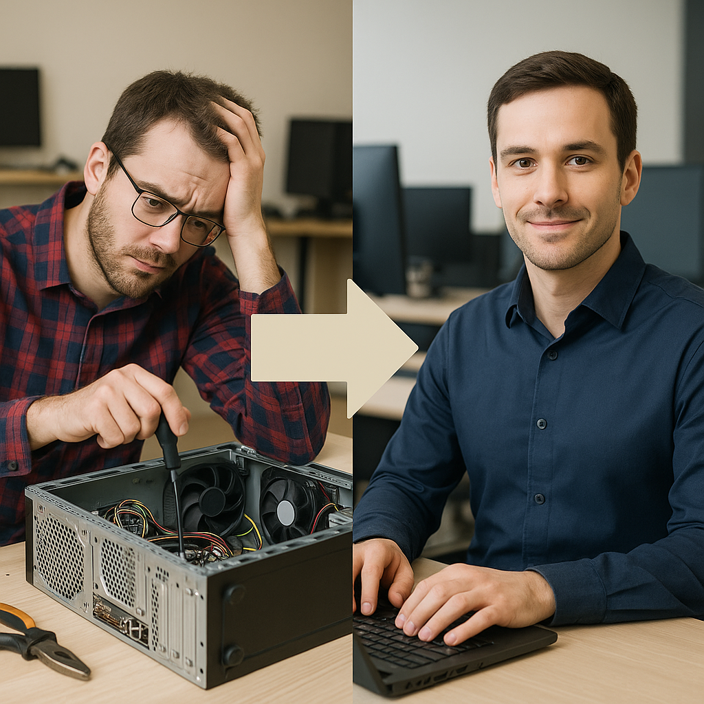 Zmiana kariery z serwisanta komputerowego na administratora systemów Mężczyzna przygnębiony przy naprawie komputera po lewej stronie, po prawej ten sam mężczyzna pewny siebie w biurze IT – symbol zmiany kariery